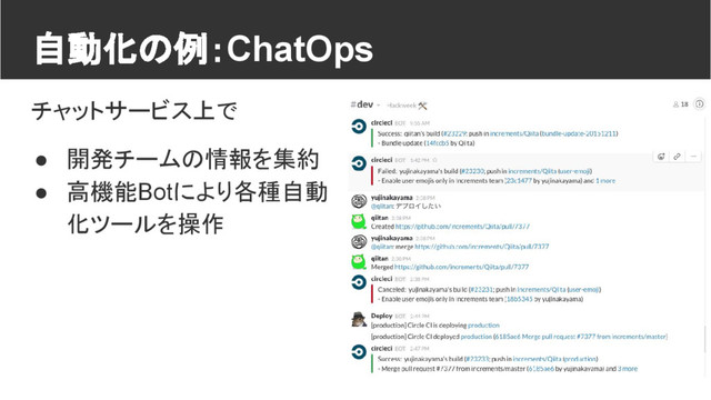 自動化の例：ChatOps
チャットサービス上で
● 開発チームの情報を集約
● 高機能Botにより各種自動
化ツールを操作
