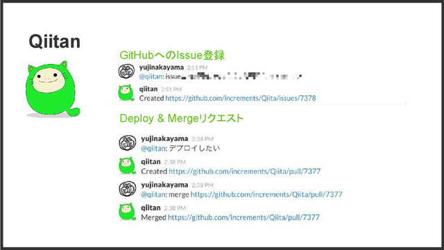 Qiitan
GitHubへのIssue登録
Deploy & Mergeリクエスト
