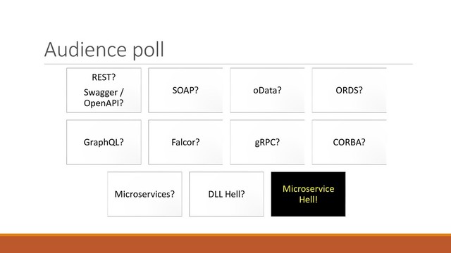Audience poll
REST?
Swagger /
OpenAPI?
SOAP? oData? ORDS?
GraphQL? Falcor? gRPC? CORBA?
Microservices? DLL Hell?
Microservice
Hell!
