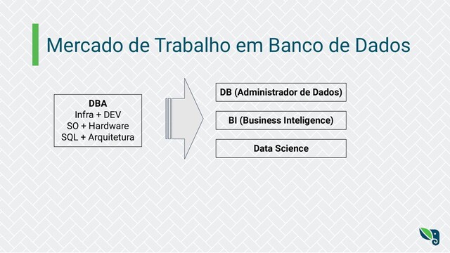 Mercado de Trabalho em Banco de Dados
DBA
Infra + DEV
SO + Hardware
SQL + Arquitetura
DB (Administrador de Dados)
BI (Business Inteligence)
Data Science
