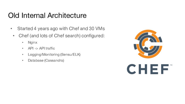 Old Internal Architecture
• Started 4 years ago with Chef and 30 VMs
• Chef (and lots of Chef search) configured:
• Nginx
• API -> API traffic
• Logging/Monitoring (Sensu/ELK)
• Database (Cassandra)
