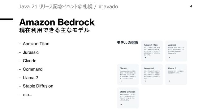 Amazon Bedrock
現在利用できる主なモデル
- Aamzon Titan
- Jurassic
- Claude
- Command
- Llama 2
- Stable Diffusion
- etc…
Java 21 リリース記念イベント＠札幌 / #javado 4
