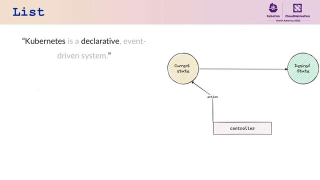List
“Kubernetes is a declarative, event-
driven system.”
