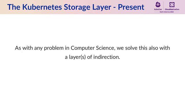 The Kubernetes Storage Layer - Present
As with any problem in Computer Science, we solve this also with
a layer(s) of indirection.
