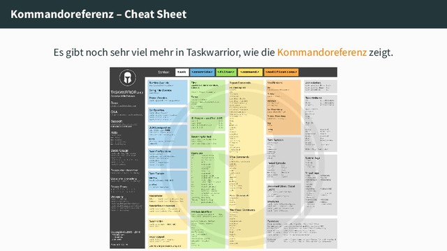 Kommandoreferenz – Cheat Sheet
Es gibt noch sehr viel mehr in Taskwarrior, wie die Kommandoreferenz zeigt.
