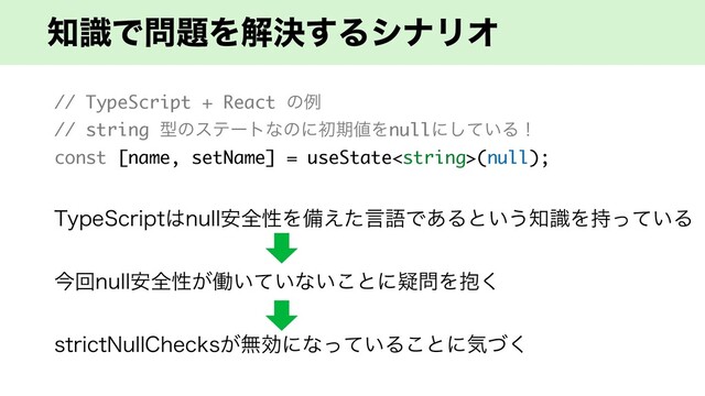 ஌ࣝͰ໰୊Λղܾ͢ΔγφϦΦ
// TypeScript + React ͷྫ
// string ܕͷεςʔτͳͷʹॳظ஋Λnullʹ͍ͯ͠Δʂ
const [name, setName] = useState(null);
5ZQF4DSJQU͸OVMM҆શੑΛඋ͑ͨݴޠͰ͋Δͱ͍͏஌ࣝΛ͍࣋ͬͯΔ
ࠓճOVMM҆શੑ͕ಇ͍͍ͯͳ͍͜ͱʹٙ໰Λ๊͘
TUSJDU/VMM$IFDLT͕ແޮʹͳ͍ͬͯΔ͜ͱʹؾͮ͘
