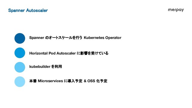 Spanner のオートスケールを行う Kubernetes Operator
Horizontal Pod Autoscaler に影響を受けている
Spanner Autoscaler 
kubebuilder を利用
本番 Microservices に導入予定 & OSS 化予定
