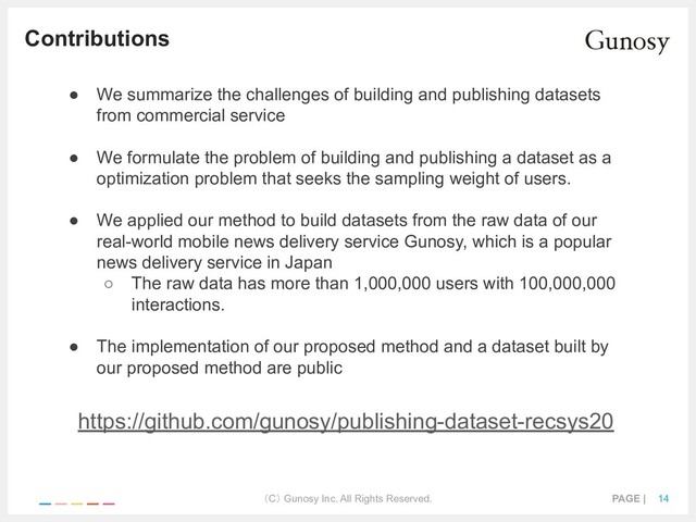 （C） Gunosy Inc. All Rights Reserved. PAGE | 14
Contributions
● We summarize the challenges of building and publishing datasets
from commercial service
● We formulate the problem of building and publishing a dataset as a
optimization problem that seeks the sampling weight of users.
● We applied our method to build datasets from the raw data of our
real-world mobile news delivery service Gunosy, which is a popular
news delivery service in Japan
○ The raw data has more than 1,000,000 users with 100,000,000
interactions.
● The implementation of our proposed method and a dataset built by
our proposed method are public
https://github.com/gunosy/publishing-dataset-recsys20
