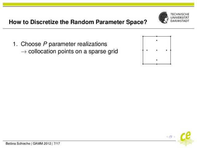 How to Discretize the Random Parameter Space?
1. Choose P parameter realizations
→ collocation points on a sparse grid
Bettina Schieche | GAMM 2012 | 7/17
