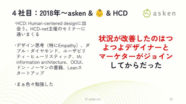 •HCD: Human-centered designに出
会う。HCD-net主催のセミナーに
通いまくる
•デザイン思考（特にEmpathy）、ダ
ブル・ダイヤモンド、ユーザビリ
ティ・ヒューリスティック、IA:
information architecture、OOUI、
ドン・ノーマンの書籍、Leanス
タートアップ
•まぁ色々勉強した
４社目：2018年〜asken & 👶 & HCD
© asken.inc 29
状況が改善したのはつ
よつよデザイナーと
マーケターがジョイン
してからだった
