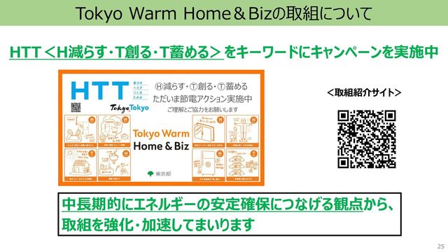 Confidential
Tokyo Warm Home＆Bizの取組について
HTT＜H減らす・T創る・T蓄める＞をキーワードにキャンペーンを実施中
＜取組紹介サイト＞
中長期的にエネルギーの安定確保につなげる観点から、
取組を強化・加速してまいります
25
