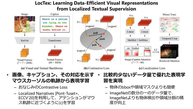 LocTex: Learning Data-Efficient Visual Representations
from Localized Textual Supervision
• 画像、キャプション、その対応を示す
マウスカーソルの軌跡から表現学習
– おなじみのContrastive Loss
– Localized Narratives [Pont-Tuset+,
ECCV’20]を利用して、アテンションがマウ
ス軌跡に近づくように(c)を学習
• 比較的少ないデータ量で優れた表現学
習を実現
– 物体のbboxや領域マスクよりも簡便
– ImageNetの数分の一のデータ量で、
ImageNetよりも物体検出や領域分割の精
度が向上
