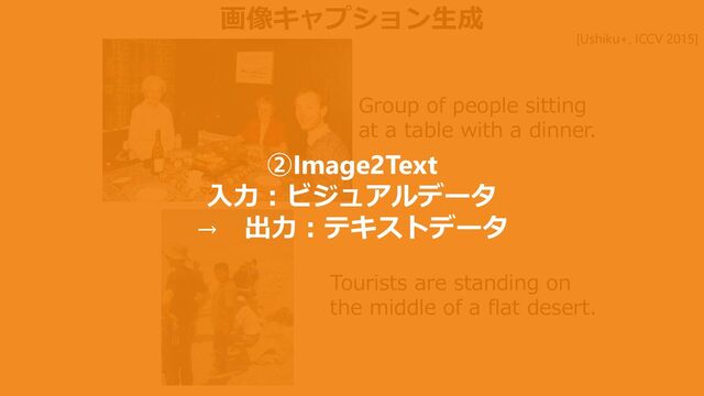 画像キャプション生成
Group of people sitting
at a table with a dinner.
Tourists are standing on
the middle of a flat desert.
[Ushiku+, ICCV 2015]
②Image2Text
入力：ビジュアルデータ
→ 出力：テキストデータ
