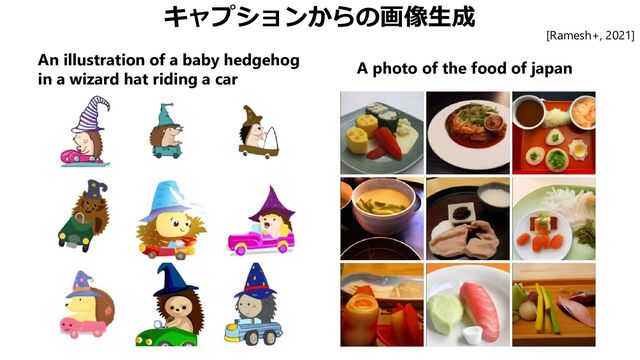 キャプションからの画像生成
[Ramesh+, 2021]
An illustration of a baby hedgehog
in a wizard hat riding a car
A photo of the food of japan
