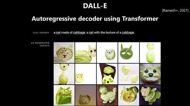 DALL-E
Autoregressive decoder using Transformer
[Ramesh+, 2021]
