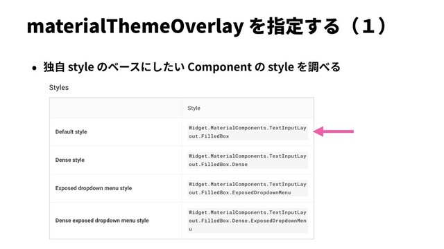 materialThemeOverlay を指定する（１）
• 独⾃ style のベースにしたい Component の style を調べる
