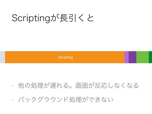 4DSJQUJOH͕௕Ҿ͘ͱ
 ଞͷॲཧ͕஗ΕΔɻը໘͕൓Ԡ͠ͳ͘ͳΔ
 όοΫάϥ΢ϯυॲཧ͕Ͱ͖ͳ͍
Scripting
