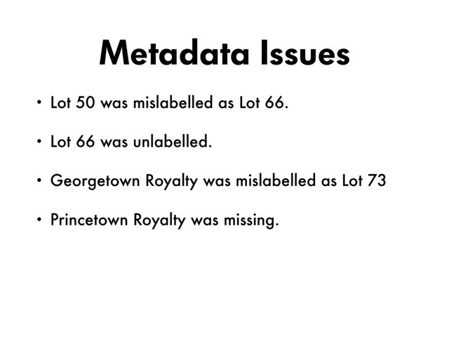Metadata Issues
• Lot 50 was mislabelled as Lot 66.
• Lot 66 was unlabelled.
• Georgetown Royalty was mislabelled as Lot 73
• Princetown Royalty was missing.
