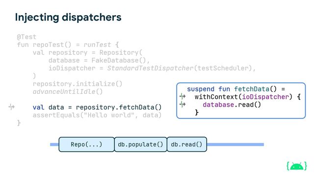Injecting dispatchers
@Test
fun repoTest() = runTest {
val repository = Repository(
database = FakeDatabase(),
ioDispatcher = StandardTestDispatcher(testScheduler),
)
repository.initialize()
advanceUntilIdle()
val data = repository.fetchData()
assertEquals("Hello world", data)
}
Repo(...) db.populate() db.read()
suspend fun fetchData() =
withContext(ioDispatcher) {
database.read()
}
