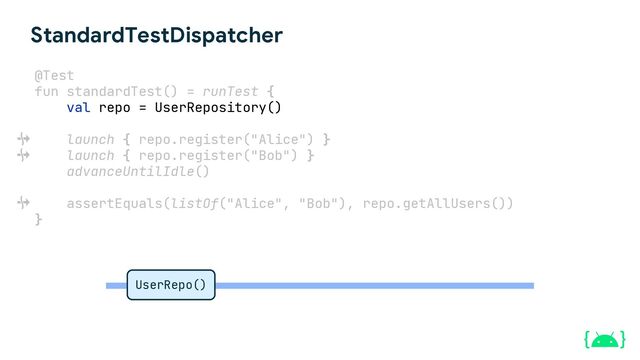 StandardTestDispatcher
@Test
fun standardTest() = runTest {
val repo = UserRepository()
launch { repo.register("Alice") }
launch { repo.register("Bob") }
advanceUntilIdle()
assertEquals(listOf("Alice", "Bob"), repo.getAllUsers())
}
UserRepo()
