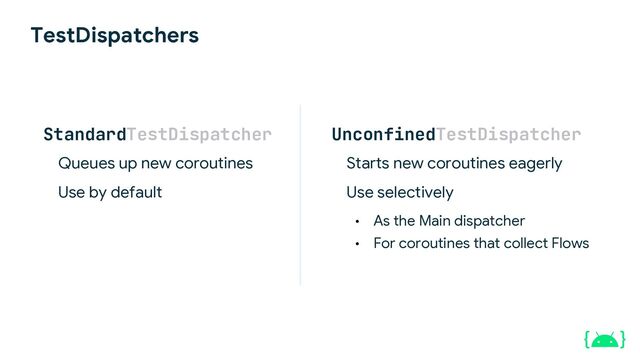 TestDispatchers
Queues up new coroutines
Use by default
Starts new coroutines eagerly
Use selectively
• As the Main dispatcher
• For coroutines that collect Flows
StandardTestDispatcher UnconfinedTestDispatcher
