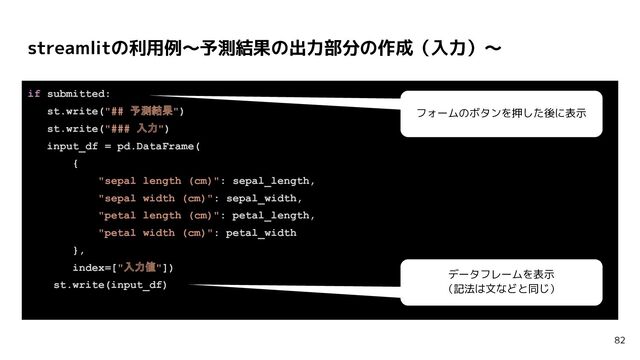 if submitted:
st.write("## 予測結果")
st.write("### 入力")
input_df = pd.DataFrame(
{
"sepal length (cm)": sepal_length,
"sepal width (cm)": sepal_width,
"petal length (cm)": petal_length,
"petal width (cm)": petal_width
},
index=["入力値"])
st.write(input_df)
streamlitの利用例〜予測結果の出力部分の作成（入力）〜
82
フォームのボタンを押した後に表示
データフレームを表示
（記法は文などと同じ）
