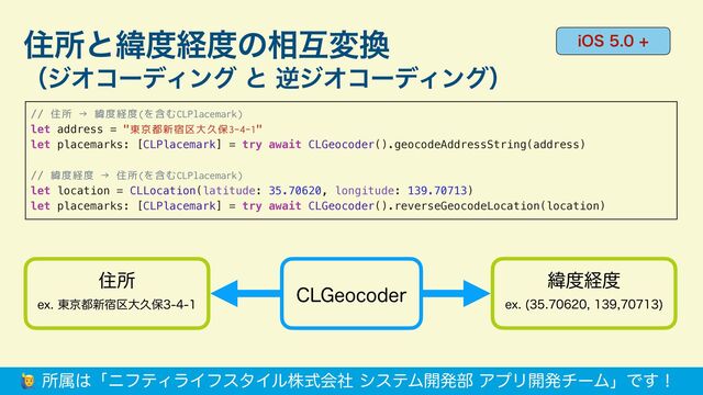 ॅॴͱҢ౓ܦ౓ͷ૬ޓม׵
ʢδΦίʔσΟϯάͱٯδΦίʔσΟϯάʣ
ॅॴ
FY౦ژ౎৽॓۠େٱอ
Ң౓ܦ౓
FY 

$-(FPDPEFS
J04
// 住所 → 緯度経度(を含むCLPlacemark)


let address = "東京都新宿区大久保3-4-1"


let placemarks: [CLPlacemark] = try await CLGeocoder().geocodeAddressString(address)


// 緯度経度 → 住所(を含むCLPlacemark)


let location = CLLocation(latitude: 35.70620, longitude: 139.70713)


let placemarks: [CLPlacemark] = try await CLGeocoder().reverseGeocodeLocation(location)
🙋ॴଐ͸ʮχϑςΟϥΠϑελΠϧגࣜձࣾγεςϜ։ൃ෦ΞϓϦ։ൃνʔϜʯͰ͢ʂ
