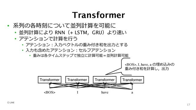 Transformer
• 系列の各時刻について並列計算を可能に
• 並列計算により RNN（+ LSTM，GRU）より速い
• アテンションで計算を⾏う
• アテンション︓⼊⼒ベクトルの重み付き和を出⼒とする
• ⼊⼒も含めたアテンション︓セルフアテンション
• 重みは各タイムステップで独⽴に計算可能＝並列計算可能
17
 I have
Transformer Transformer Transformer
a
Transformer
, I, have, a の埋め込みの
重み付き和を計算し，出⼒
