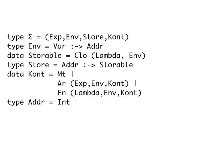 type Σ = (Exp,Env,Store,Kont)
type Env = Var :-> Addr
data Storable = Clo (Lambda, Env)
type Store = Addr :-> Storable
data Kont = Mt |
Ar (Exp,Env,Kont) |
Fn (Lambda,Env,Kont)
type Addr = Int
