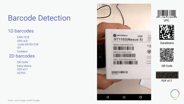 Barcode Detection
1D barcodes
EAN-13/8
UPC-A/E
Code-39/93/128
ITF
Codabar
2D barcodes
QR Code
Data Matrix
PDF-417
AZTEC
UPC
DataMatrix
QR Code
PDF 417
Video and image credit Google
