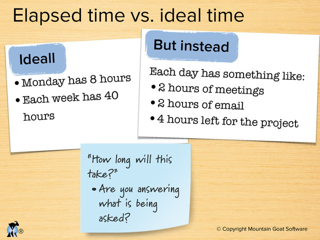 © Copyright Mountain Goat Software
®
Elapsed time vs. ideal time
•Monday has 8 hours
•Each week has 40
hours
Ideall
Each day has something like:
•2 hours of meetings
•2 hours of email
•4 hours left for the project
But instead
“How long will this
take?”
•Are you answering
what is being
asked?
