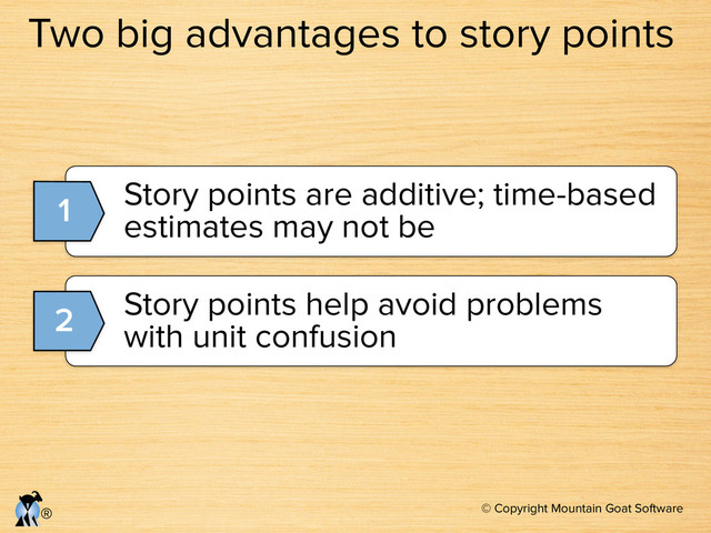 © Copyright Mountain Goat Software
®
Story points are additive; time-based
estimates may not be
1
Story points help avoid problems
with unit confusion
2
Two big advantages to story points
