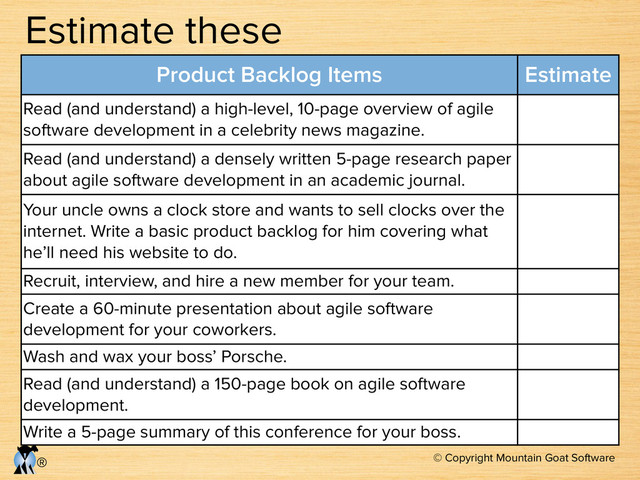 © Copyright Mountain Goat Software
®
Product Backlog Items Estimate
Read (and understand) a high-level, 10-page overview of agile
software development in a celebrity news magazine.
Read (and understand) a densely written 5-page research paper
about agile software development in an academic journal.
Your uncle owns a clock store and wants to sell clocks over the
internet. Write a basic product backlog for him covering what
he’ll need his website to do.
Recruit, interview, and hire a new member for your team.
Create a 60-minute presentation about agile software
development for your coworkers.
Wash and wax your boss’ Porsche.
Read (and understand) a 150-page book on agile software
development.
Write a 5-page summary of this conference for your boss.
Estimate these

