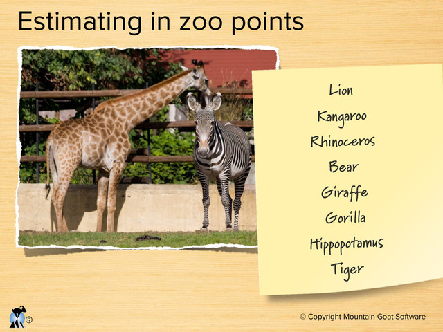 © Copyright Mountain Goat Software
®
Estimating in zoo points
Lion
Kangaroo
Rhinoceros
Bear
Giraffe 
Gorilla
Hippopotamus
Tiger
