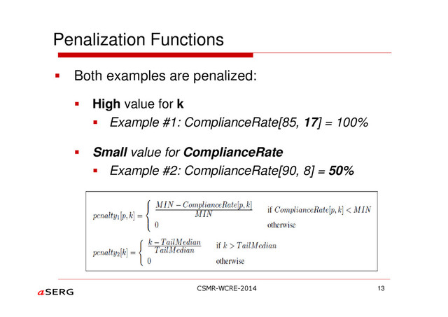 Penalization Functions
13
Both examples are penalized:
High value for k
Example #1: ComplianceRate[85, 17] = 100%
Small value for ComplianceRate
Example #2: ComplianceRate[90, 8] = 50%
CSMR-WCRE-2014
