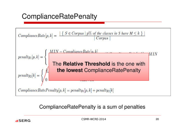 ComplianceRatePenalty
ComplianceRatePenalty is a sum of penalties
20
The Relative Threshold is the one with
the lowest ComplianceRatePenalty
CSMR-WCRE-2014
