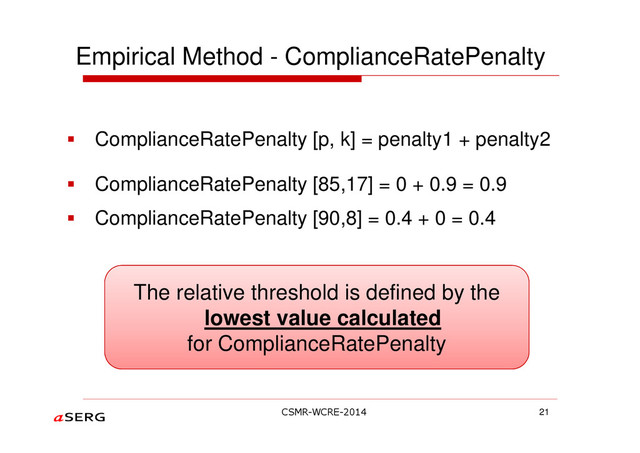 Empirical Method - ComplianceRatePenalty
ComplianceRatePenalty [p, k] = penalty1 + penalty2
ComplianceRatePenalty [85,17] = 0 + 0.9 = 0.9
ComplianceRatePenalty [90,8] = 0.4 + 0 = 0.4
21
The relative threshold is defined by the
lowest value calculated
for ComplianceRatePenalty
CSMR-WCRE-2014
