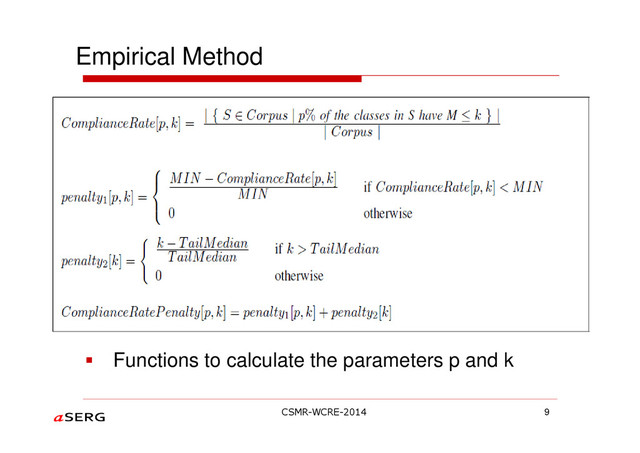 Empirical Method
9
Functions to calculate the parameters p and k
CSMR-WCRE-2014
