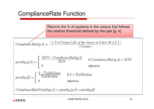 ComplianceRate Function
10
Returns the % of systems in the corpus that follows
the relative threshold defined by the pair [p, k]
CSMR-WCRE-2014
