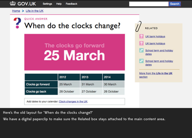 Here’s the old layout for ‘When do the clocks change?’
We have a digital paperclip to make sure the Related box stays attached to the main content area.
