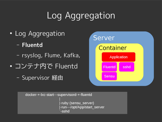 Log Aggregation
● Log Aggregation
– Fluentd
– rsyslog, Flume, Kafka,
● コンテナ内で Fluentd
– Supervisor 経由
docker-+-lxc-start---supervisord-+-fluentd
|
|-ruby (sensu_server)
|-run---/opt/App/start_server
`-sshd
Server
Container
Application
Fluentd sshd
Sensu
