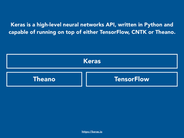 Theano TensorFlow
Keras
Keras is a high-level neural networks API, written in Python and
capable of running on top of either TensorFlow, CNTK or Theano.
https://keras.io

