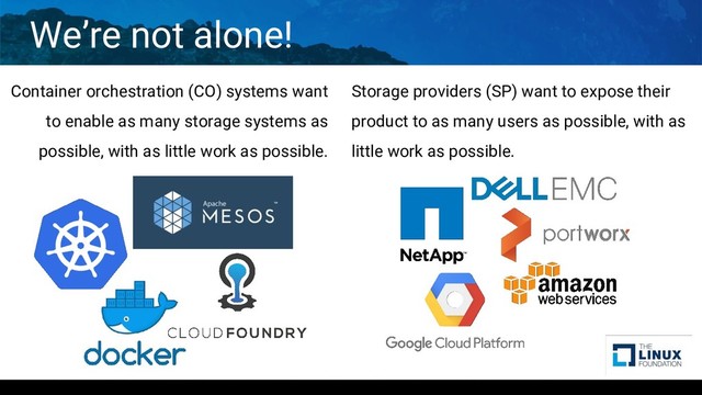 We’re not alone!
Container orchestration (CO) systems want
to enable as many storage systems as
possible, with as little work as possible.
Storage providers (SP) want to expose their
product to as many users as possible, with as
little work as possible.

