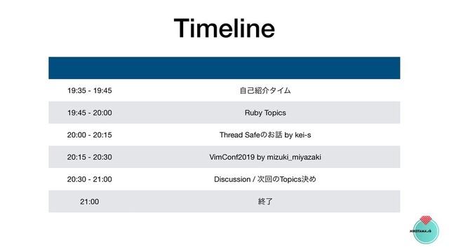 Timeline
19:35 - 19:45 ࣗݾ঺հλΠϜ
19:45 - 20:00 Ruby Topics
20:00 - 20:15 Thread Safeͷ͓࿩ by kei-s
20:15 - 20:30 VimConf2019 by mizuki_miyazaki
20:30 - 21:00 Discussion / ࣍ճͷTopicsܾΊ
21:00 ऴྃ
