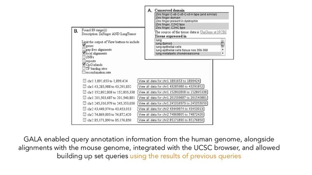 GALA enabled query annotation information from the human genome, alongside
alignments with the mouse genome, integrated with the UCSC browser, and allowed
building up set queries using the results of previous queries
