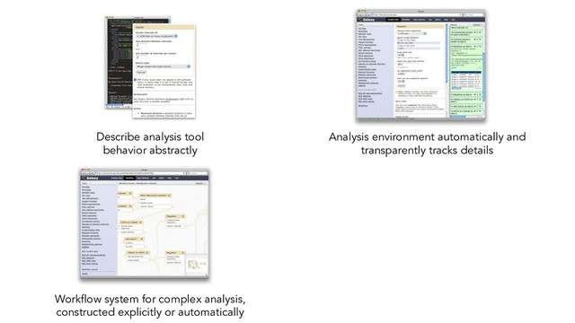 Describe analysis tool
behavior abstractly
Analysis environment automatically and
transparently tracks details
Workﬂow system for complex analysis,
constructed explicitly or automatically
