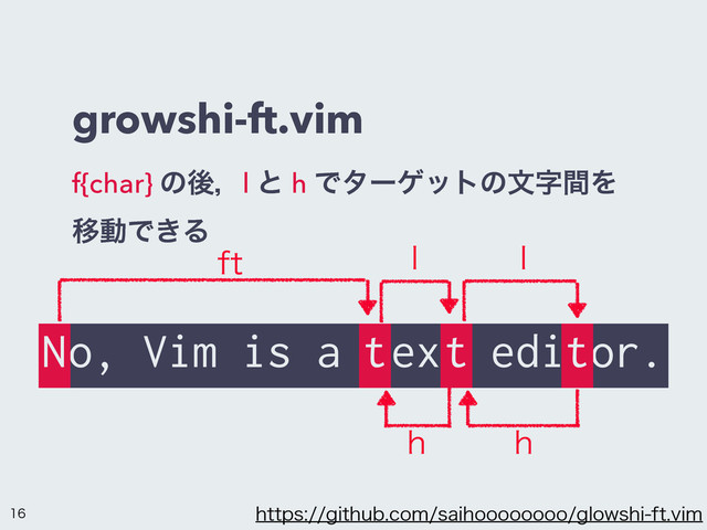 growshi-ft.vim
f{char} ͷޙɼl ͱ h ͰλʔήοτͷจࣈؒΛ
ҠಈͰ͖Δ
IUUQTHJUIVCDPNTBJIPPPPPPPPHMPXTIJGUWJN
No, Vim is a text editor.
GU M M
I
I
N t t t

