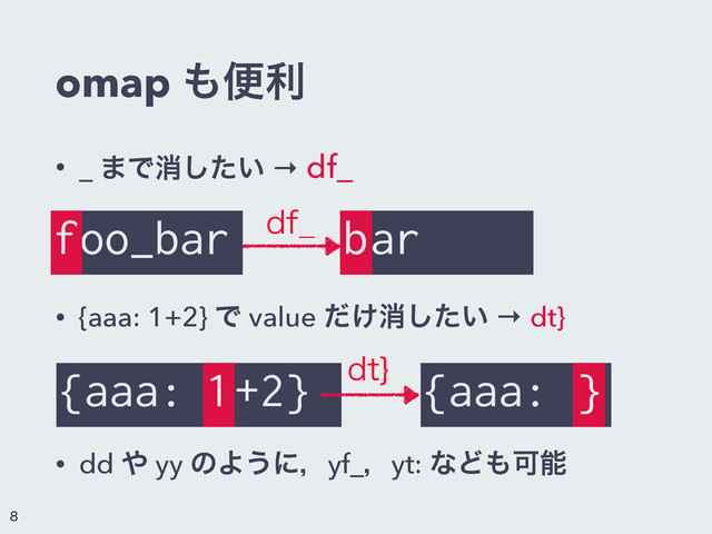 bar
omap ΋ศར
• _ ·Ͱফ͍ͨ͠ → df_
!
• {aaa: 1+2} Ͱ value ͚ͩফ͍ͨ͠ → dt}
!
• dd ΍ yy ͷΑ͏ʹɼyf_ɼyt: ͳͲ΋Մೳ
foo_bar
f b
EG@
{aaa: }
{aaa: 1+2} }
EU^

1

