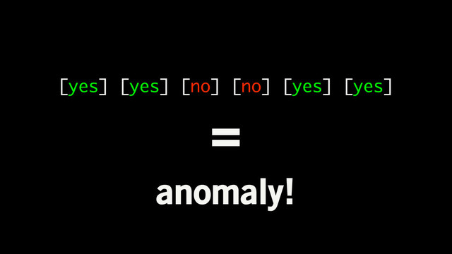 [yes] [yes] [no] [no] [yes] [yes]
=
anomaly!
