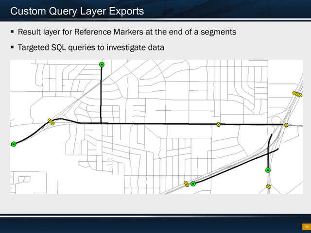 Custom Query Layer Exports
14
§  Result layer for Reference Markers at the end of a segments
§  Targeted SQL queries to investigate data
